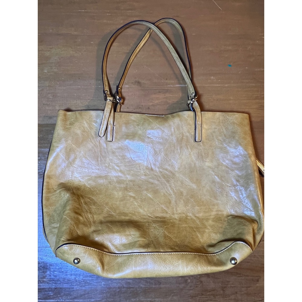 Tan Vegan Leather Tote Bag with Hot Pink Interior and Silver Hardware